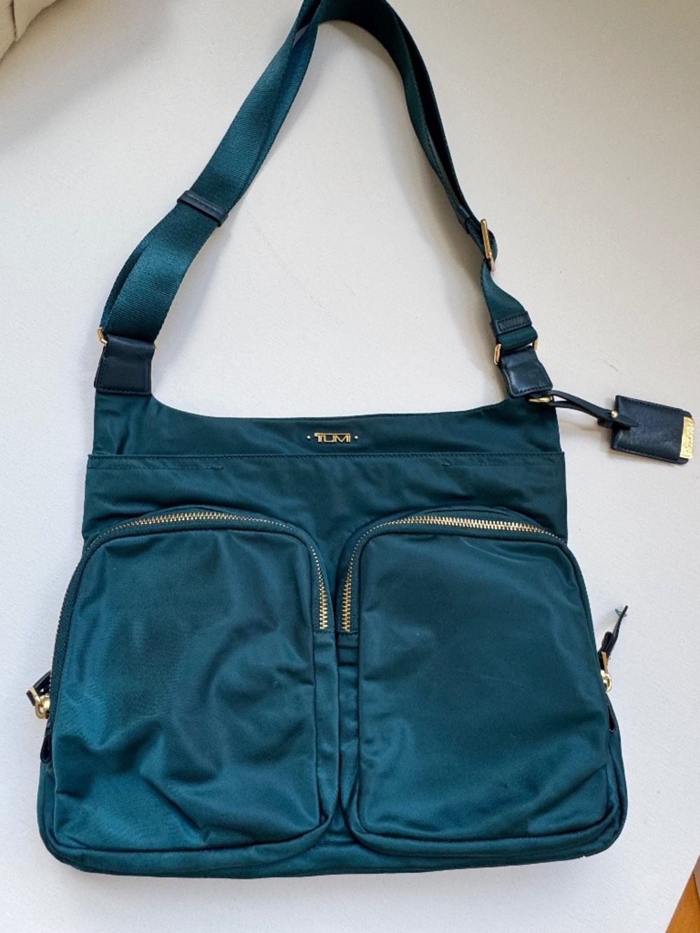 TUMI Voyageur Sadler Teal Blue Nylon Crossbody Bag Gold Hardware